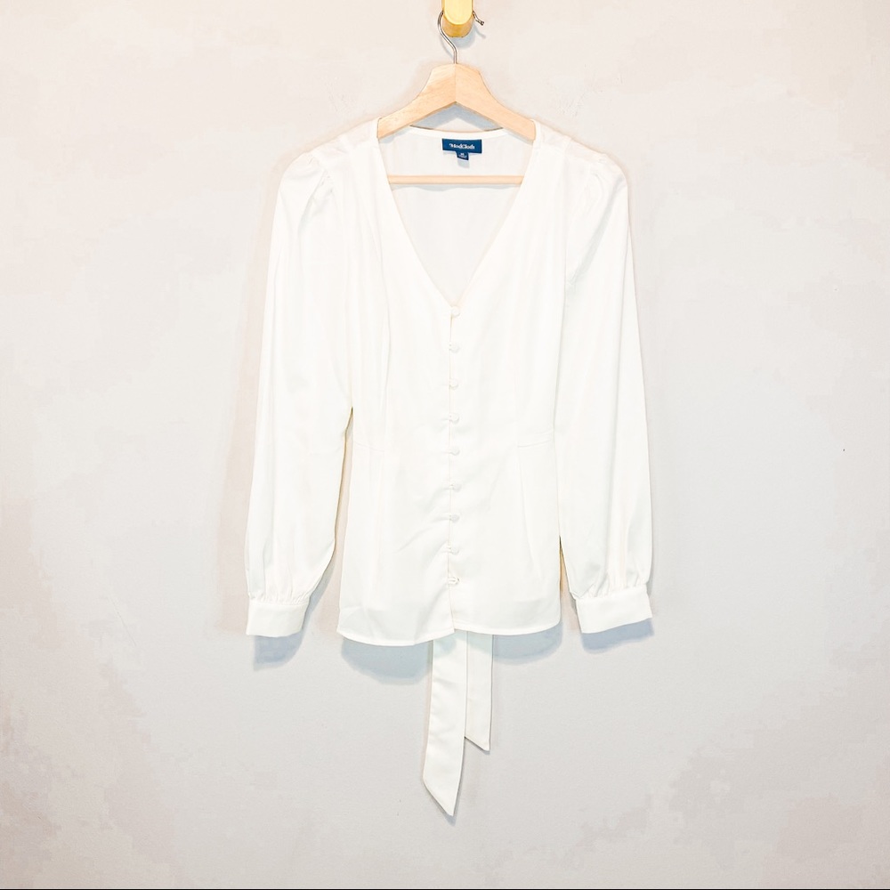 Modcloth Off White Ivory Satin Chiffon Button down long sleeve blouse